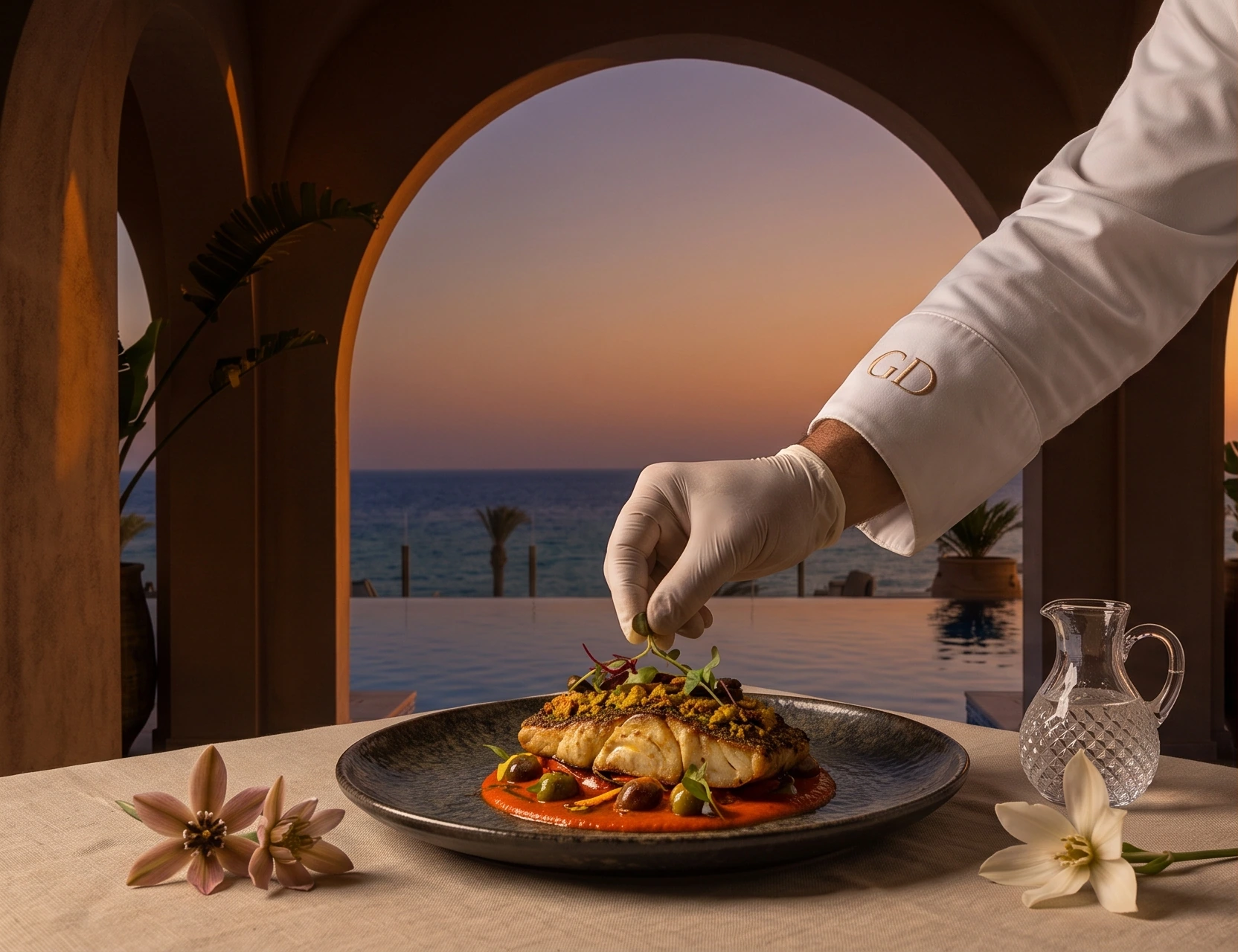 A chef finishing a fish dish at dusk, framed by an arch over the sea