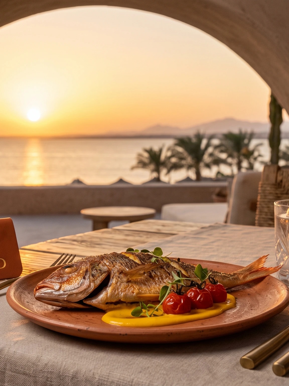 Grilled fish served on a terracotta plate at a terrace table, with the sea behind